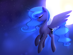 Size: 2400x1800 | Tagged: source needed, useless source url, safe, artist:thebatfang, princess luna, alicorn, pony, g4, eyes closed, female, flying, freckles, mare, moon, night, smiling, solo, stars