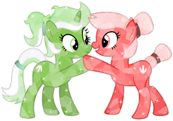 Size: 2500x1750 | Tagged: safe, artist:melisareb, derpibooru exclusive, oc, oc only, oc:downvote, oc:upvote, crystal pony, earth pony, pony, unicorn, derpibooru, the crystal empire 10th anniversary, g4, .svg available, base used, derpibooru ponified, duo, female, hoofbump, looking at each other, looking at someone, mare, meta, ponified, ponytail, simple background, smiling, svg, transparent background, vector