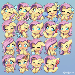 Size: 2000x2000 | Tagged: safe, artist:symbianl, fluttershy, pegasus, pony, ..., :3, aside glance, bedroom eyes, blank eyes, blushing, bow, breath, bust, cheek fluff, chest fluff, covering mouth, cross-popping veins, cute, cute little fangs, drool, emanata, exhale, expressions, eyes closed, fangs, feather fingers, female, floppy ears, gray background, grin, hair bow, heart, heart eyes, high res, looking at you, looking down, mischievous, no pupils, ok, one eye closed, open mouth, open smile, pom pom, question mark, raised eyebrow, raised hoof, sad, shaking, shrug, shy, shyabetes, simple background, smiling, smiling at you, snaggletooth, solo, spread wings, starry eyes, stars, stray strand, supporting head, teary eyes, telegram sticker, three quarter view, tongue out, underhoof, wavy eyes, wavy mouth, wing hands, wingding eyes, wings, wink, winking at you, yawn