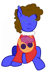 Size: 2001x3049 | Tagged: safe, artist:masami-rose, artist:yeetmedownthestairs, scootaloo, oc, oc:silly scribe, earth pony, pegasus, pony, 2023 community collab, derpibooru community collaboration, base used, button, buttons, clothes, coat, cute, eyes closed, high res, male, ocbetes, plushie, pony plushie, simple background, sitting, solo, stallion, transparent background
