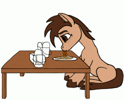 Size: 797x643 | Tagged: safe, artist:dsb71013, oc, oc only, oc:night cap, earth pony, pony, animated, ear flick, food, noodles, simple background, solo, table, vent art, white background