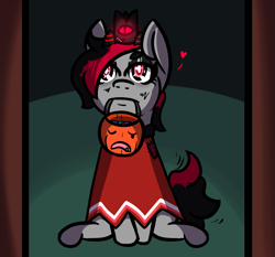 Size: 1037x967 | Tagged: safe, artist:lazerblues, oc, oc:miss eri, pony, clothes, costume, cult of the lamb, floating heart, halloween, heart, holiday, mouth hold, pumpkin bucket, solo, trick or treat