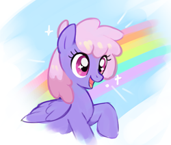 Size: 1281x1088 | Tagged: safe, rainbowshine, pegasus, pony, g4, cute, female, folded wings, mare, open mouth, rainbow, raised hoof, simple background, smiling, solo, sparkles, sparkly eyes, white background, wingding eyes, wings