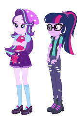 Size: 445x639 | Tagged: safe, artist:marrabo, sci-twi, starlight glimmer, twilight sparkle, human, equestria girls, g4, boots, clothes swap, duo, shoes, simple background, starlight glimmer's boots, transparent background