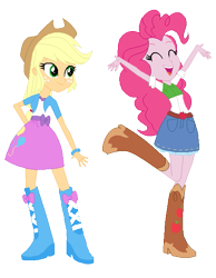 Size: 473x610 | Tagged: safe, artist:marrabo, applejack, pinkie pie, human, equestria girls, g4, applejack's cowboy boots, belt, boots, boots swap, clothes, clothes swap, cowboy boots, cowboy hat, duo, hat, high heel boots, pinkie pie's boots, shirt, shoes, simple background, skirt, transparent background