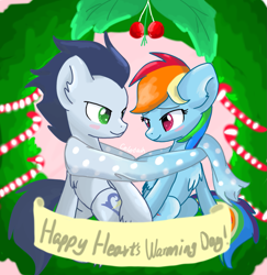 Size: 1215x1249 | Tagged: safe, artist:celedash, rainbow dash, soarin', pegasus, pony, g4, blushing, christmas, clothes, duo, female, hearth's warming eve, holding hooves, holiday, looking at each other, looking at someone, male, mare, romantic, scarf, shared clothing, shared scarf, ship:soarindash, shipping, stallion, straight