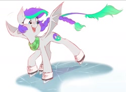 Size: 1416x1037 | Tagged: safe, artist:melodylibris, oc, oc only, oc:lony, bat pony, pony, bat pony oc, clothes, cute, female, ice, ice skates, ice skating, mare, ocbetes, open mouth, open smile, scarf, simple background, smiling, solo, spread wings, striped scarf, white background, wings