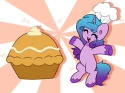 Size: 4848x3613 | Tagged: safe, artist:kittyrosie, izzy moonbow, pony, unicorn, g5, chef's hat, cute, daaaaaaaaaaaw, eyes closed, female, food, happy, hat, herbivore, izzybetes, mare, open mouth, open smile, pie, pumpkin pie, smiling, solo