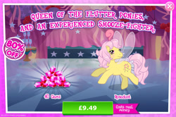 Size: 1960x1300 | Tagged: safe, gameloft, idw, rosedust, flutter pony, pony, g1, g4, my little pony: magic princess, advertisement, antennae, blushing, bow, costs real money, curtains, english, female, gem, idw showified, insect wings, introduction card, mare, numbers, queen, queen rosedust, sale, solo, spread wings, tail, tail bow, text, wings
