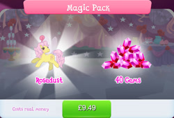 Size: 1263x857 | Tagged: safe, gameloft, idw, rosedust, flutter pony, pony, g1, g4, my little pony: magic princess, antennae, blushing, bow, bundle, costs real money, curtains, english, female, gem, idw showified, insect wings, magic pack, mare, numbers, queen, queen rosedust, sale, solo, spread wings, tail, tail bow, text, wings