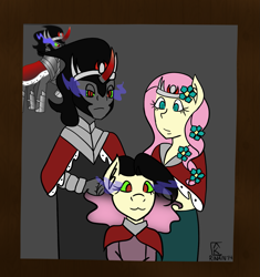Size: 1535x1634 | Tagged: safe, artist:mintymelody, fluttershy, king sombra, oc, oc:gentle shadow, anthro, the crystal empire 10th anniversary, g4, bust, family, female, male, offspring, parent:fluttershy, parent:king sombra, parents:sombrashy, portrait, ship:sombrashy, shipping, straight, trio, watermark