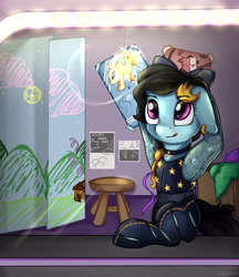 Size: 2900x3364 | Tagged: safe, artist:appleneedle, oc, earth pony, pony, backstage, bow, high res, lights, poster, preparation, promps, show, singer, stars