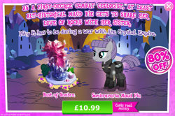 Size: 1960x1300 | Tagged: safe, gameloft, king sombra, maud pie, earth pony, pony, unicorn, g4, the cutie re-mark, advertisement, alternate hairstyle, alternate timeline, apocalypse maud, armor, bush, bust, clothes, costs real money, crystal, crystal war timeline, english, female, introduction card, mare, numbers, pouch, rock, sale, sculpture, solo, sombraverse, statue, text