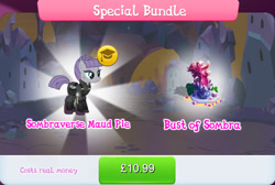 Size: 1268x854 | Tagged: safe, gameloft, king sombra, maud pie, earth pony, pony, unicorn, g4, my little pony: magic princess, alternate hairstyle, alternate timeline, apocalypse maud, armor, bundle, bush, bust, clothes, costs real money, crystal, crystal war timeline, english, female, mare, numbers, pouch, rock, sale, solo, sombraverse, statue, text