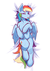 Size: 3307x4677 | Tagged: safe, artist:zpdea, rainbow dash, pegasus, pony, g4, belly button, body pillow, body pillow design, female, high res, lying down, mare, on back, simple background, solo, white background