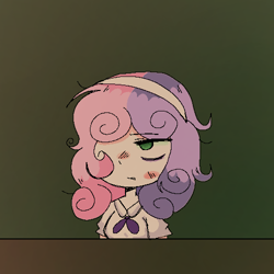 Size: 500x500 | Tagged: safe, artist:katotako, derpibooru exclusive, sweetie belle, human, equestria girls, g4, bags under eyes, breasts, clothes, green background, green eyes, headdress, humanized, simple background, solo, table, tired, two toned hair