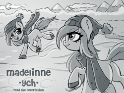 Size: 1600x1200 | Tagged: safe, artist:madelinne, pony, black and white, clothes, commission, duo, grayscale, hat, monochrome, scarf, skating, sketch, winter, ych sketch, your character here