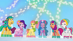Size: 3072x1727 | Tagged: safe, screencap, hitch trailblazer, izzy moonbow, pipp petals, posey bloom, sparky sparkeroni, sunny starscout, zipp storm, dragon, earth pony, pegasus, pony, unicorn, g5, my little pony: tell your tale, snow pun intended, spoiler:g5, spoiler:my little pony: tell your tale, spoiler:tyts01e37, :o, baby, baby dragon, eyes closed, female, magic, male, mane five, mane stripe sunny, mare, open mouth, smiling, snow, stallion, telekinesis, youtube link