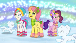 Size: 3072x1727 | Tagged: safe, screencap, pipp petals, posey bloom, zipp storm, earth pony, pegasus, pony, g5, my little pony: tell your tale, snow pun intended, spoiler:g5, spoiler:my little pony: tell your tale, spoiler:tyts01e37, female, mare, open mouth, open smile, royal sisters (g5), siblings, sisters, smiling, snow, trio, trio female, youtube link