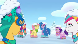 Size: 3072x1727 | Tagged: safe, screencap, hitch trailblazer, izzy moonbow, pipp petals, posey bloom, sparky sparkeroni, sunny starscout, zipp storm, dragon, earth pony, pegasus, pony, unicorn, g5, my little pony: tell your tale, snow pun intended, spoiler:g5, spoiler:my little pony: tell your tale, spoiler:tyts01e37, baby, baby dragon, clothes, female, frown, male, mane five, mane stripe sunny, mare, posey bloom is not amused, posey can't catch a break, scarf, snow, stallion, unamused, youtube link