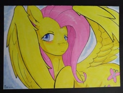 Size: 794x596 | Tagged: safe, artist:edgarkingmaker, fluttershy, pegasus, pony, g4, aside glance, blushing, copic, etsy, female, looking at you, partially open wings, raised hoof, solo, three quarter view, traditional art, wings