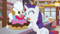 Size: 520x293 | Tagged: safe, screencap, rarity, pony, unicorn, forever filly, g4, animated, cute, food, gif, ice cream, licking, messy eating, raribetes, sundae, tongue out