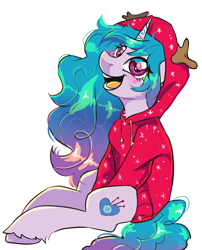 Size: 2144x2651 | Tagged: safe, artist:pozya1007, izzy moonbow, pony, unicorn, g5, christmas, clothes, high res, holiday, hoodie, simple background, solo, white background