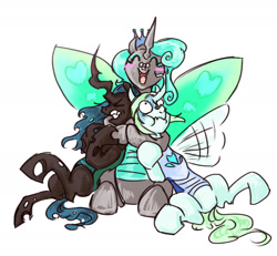 Size: 1836x1693 | Tagged: safe, artist:thurder2020, queen chrysalis, changedling, changeling, changeling queen, g4, chrysalis encounters herself, chrysalis meets reversalis, female, group, group hug, hug, mirror universe, purified chrysalis, reversalis, self paradox, self ponidox, simple background, white background