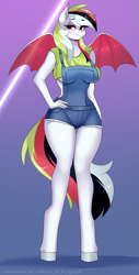 Size: 1287x2540 | Tagged: safe, artist:xjenn9, oc, oc only, oc:hoofwork new wave, bat pony, anthro, unguligrade anthro, bat wings, bedroom eyes, breasts, clothes, commission, female, hand on hip, overalls, solo, underboob, wings, your character here