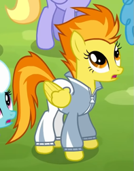 Size: 537x680 | Tagged: safe, screencap, fleetfoot, spitfire, pegasus, pony, g4, rainbow falls, season 4, clothes, female, folded wings, grass, looking up, mare, open mouth, warmup suit, wings
