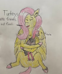 Size: 2724x3240 | Tagged: safe, artist:emerald ice, fluttershy, bird, pegasus, pony, turkey, g4, animal, butt, cute, female, high res, holiday, hooves, hug, mare, mouthpiece, plot, shyabetes, simple background, sitting, speech, talking, thanksgiving, traditional art, vegetarian, white background, wings