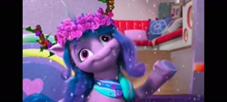 Size: 2400x1080 | Tagged: safe, screencap, izzy moonbow, pony, unicorn, g5, my little pony: make your mark, winter wishday, spoiler:g5, clothes, derp, female, floral head wreath, flower, izzy is best facemaker, izzy.exe has stopped working, mare, marestream, scarf, solo