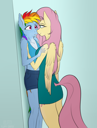 Size: 2178x2862 | Tagged: safe, artist:fluffyorbiter, fluttershy, rainbow dash, pegasus, anthro, g4, against wall, anticipation, ass, bedroom eyes, breasts, busty fluttershy, butt, clothes, delicious flat chest, dock, dress, duo, duo female, female, flutterbutt, height difference, high res, holding a pony, kabedon, lesbian, looking at each other, looking at someone, meme, midriff, muscles, ponified meme, rainbow flat, rainbuff dash, role reversal, ship:flutterdash, shipping, shirt, shorts, simple background, smoldash, surprised, tail, tallershy, undershirt, wings