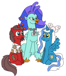 Size: 2013x2298 | Tagged: safe, artist:supahdonarudo, derpibooru exclusive, oc, oc only, oc:fleurbelle, oc:ironyoshi, oc:sea lilly, alicorn, classical hippogriff, hippogriff, pony, unicorn, 2023 community collab, derpibooru community collaboration, bow, camera, clothes, high res, jewelry, necklace, shirt, simple background, sitting, transparent background, trio