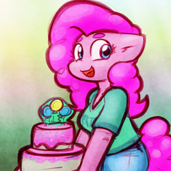 Size: 900x900 | Tagged: safe, artist:zutcha, pinkie pie, earth pony, anthro, g4, cake, clothes, female, food, solo