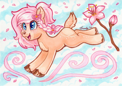 Size: 2080x1468 | Tagged: safe, artist:dandy, oc, oc only, deer, deer pony, original species, blushing, bow, braid, cherry blossoms, chest fluff, cloven hooves, copic, female, flower, flower blossom, flower petals, freckles, happy, open mouth, ponytail, solo, traditional art