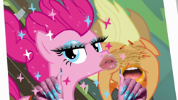 Size: 1280x720 | Tagged: safe, edit, edited screencap, screencap, applejack, pinkie pie, g4, pinkie apple pie, abomination, cursed image, eyelashes, lipgloss, lipstick, nails, periodt, selfie, sparkles, wat