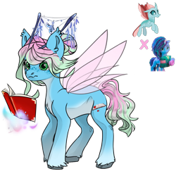 Size: 1200x1200 | Tagged: safe, artist:crumbelinadicarmello, misty brightdawn, ocellus, oc, flutter pony, hybrid, pony, g4, g5, antennae, avatar maker fantasy pony, book, female, freckles, fusion, green eyes, hair bun, levitation, magic, request, shy, simple background, solo, telekinesis, transparent background, unshorn fetlocks, updo, vector, wavy mane, wings