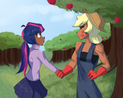 Size: 1983x1586 | Tagged: safe, artist:frostiwars, applejack, twilight sparkle, human, g4, apple, apple tree, dark skin, duo, female, food, handshake, humanized, tree