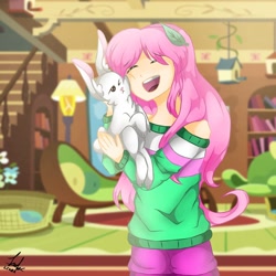 Size: 1280x1280 | Tagged: safe, artist:milkshakecatowo789, angel bunny, fluttershy, human, rabbit, g4, animal, female, fluttershy's cottage (interior), humanized, open mouth, solo