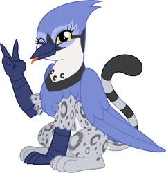 Size: 1215x1267 | Tagged: safe, artist:facelessjr, oc, oc only, oc:gaela, bird, blue jay, griffon, 2023 community collab, derpibooru community collaboration, beak, cute, female, looking at you, one eye closed, peace sign, pose, posing for photo, raspberry, simple background, sitting, solo, tail, tongue out, transparent background, wink, winking at you