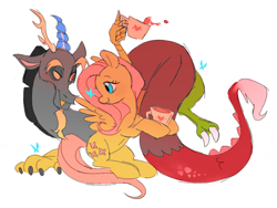 Size: 640x480 | Tagged: safe, artist:waackery, discord, fluttershy, butterfly, draconequus, pegasus, pony, g4, cup, duo, duo male and female, female, food, heart, hoof hold, hug, looking at someone, looking at something, male, mare, ship:discoshy, shipping, simple background, smiling, spread wings, straight, tea, tea party, teacup, turned head, white background, wings
