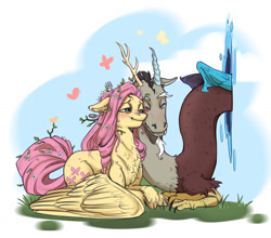 Size: 1280x1126 | Tagged: safe, artist:bon_lee, discord, fluttershy, draconequus, pegasus, pony, g4, alternate hairstyle, blushing, chest fluff, cloven hooves, crossed hooves, duo, ear fluff, eyes closed, female, floppy ears, flower, flower in hair, flower in tail, fork, freckles, leaves, leaves in hair, lidded eyes, lying down, male, portal, prone, ship:discoshy, shipping, smiling, snuggling, spread wings, stick in hair, straight, sweet, tail, twigs in hair, unshorn fetlocks, wings, wings down