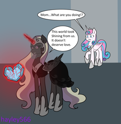 Size: 2448x2508 | Tagged: safe, artist:hayley566, princess cadance, princess flurry heart, oc, oc:heartbreak, alicorn, pony, g4, alternate scene interpretation, black sclera, corrupted, crying, crystal heart, duo, evil, fallen hero, female, glowing, glowing horn, heart, heart eyes, heartbreak, high res, horn, immortality blues, immortality is a curse, implied death, implied death by illness, implied illness, implied murder, implied shining armor, nightmare cadance, nightmarified, older, older flurry heart, out of character, this will end in tears, this will not end well, uncertain doom, widow, wingding eyes, woobie