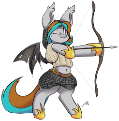 Size: 1671x1695 | Tagged: safe, artist:sleepy ray, oc, oc only, oc:silver star, bat pony, pony, aiming, archery, armor, arrow, bat pony oc, bat wings, belly button, bipedal, blouse, bow (weapon), chainmail, female, mare, medieval, midriff, one eye closed, one eye open, simple background, solo, spread wings, transparent background, wings