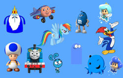 Size: 2030x1280 | Tagged: safe, edit, rainbow dash, bird, octopus, pegasus, pony, woodpecker, g4, adventure time, bloo (foster's), blue, blue background, blue m&m, blue sprixie princess, blue toad, cartoon, cartoon network, chocolate, crossover, cyan sprixie princess, dashabetes, female, food, foster's home for imaginary friends, ice king, jay-jay the jet plane, jet plane, logo, m&m's, male, mare, new super mario bros. wii, nick jr., nickelodeon, nintendo, oswald, oswald (series), plane, simple background, sprixie princess, super mario 3d world, super mario bros., the new woody woodpecker show, thomas the tank engine, toad (mario bros), train, universal studios, woody woodpecker, woody woodpecker (series), yang (yin yang yo!), yin yang yo!