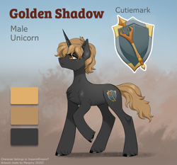 Size: 1623x1515 | Tagged: safe, artist:margony, oc, oc:golden shadow, pony, unicorn, cutie mark, redesign, redraw, reference sheet, scepter, shield