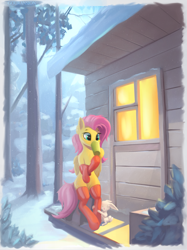 Size: 2033x2719 | Tagged: safe, artist:foxpit, angel bunny, fluttershy, pegasus, pony, rabbit, g4, animal, bipedal, bipedal leaning, bush, clothes, cup, drink, drinking, duo, female, folded wings, high res, hoof hold, house, leaning, outdoors, sitting, snow, snowfall, socks, stockings, thigh highs, three quarter view, tree, window, wings, winter