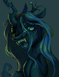 Size: 922x1192 | Tagged: safe, artist:onionpwder, queen chrysalis, changeling, changeling queen, g4, crown, fangs, female, jewelry, lidded eyes, looking at you, open mouth, open smile, regalia, sharp teeth, simple background, smiling, solo, teeth