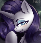 Size: 681x707 | Tagged: safe, artist:llametsul, rarity, pony, unicorn, blushing, chest fluff, colored sketch, eyeshadow, fangs, looking at you, makeup, sketch, smiling, smiling at you, solo, white pupils